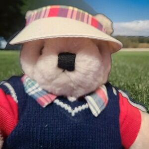 Vintage Jointed Plush 12" Teddy Bear In Golf Outfit Collectible Doll Style Stand